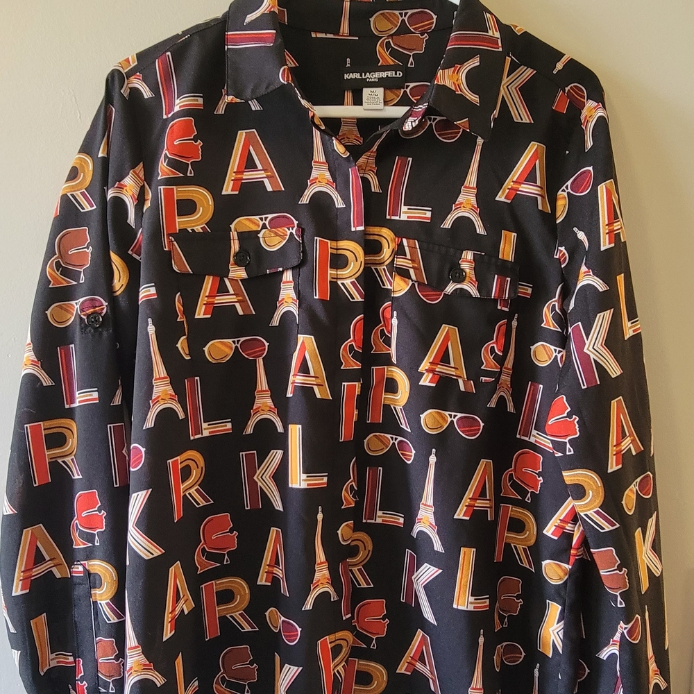 Karl Lagerfeld Black Button-Front Shirt with Red and Gold Graphic Motif
